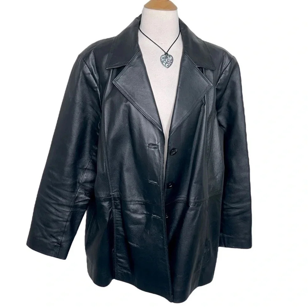 Worthington Leather Jacket 1X Black Nappa Leather Button Front Blazer Car Coat